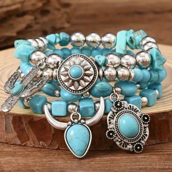 Boho Stacked Turquoise Beads & Cactus/Bullhead Bracelets - Picture 3 of 7